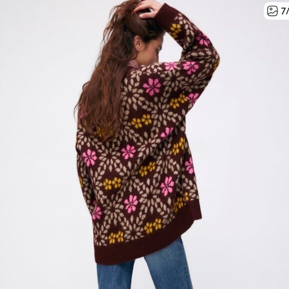 ZARA Oversized Chunky Floral Knit Cardigan Sweater Brown Pink Yellow Size M - Picture 4 of 16